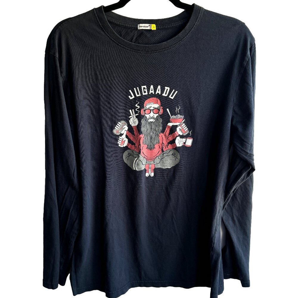 Bewakoof Men's Jugaado Long Sleeve Dark Navy Graphic Tee; Size Large